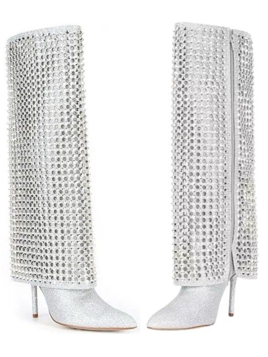 Gianni Bini Shoes - Gianni Bini Lowry Rhinestone Foldover Tall Boots Silver Glitter Zipper Size 7